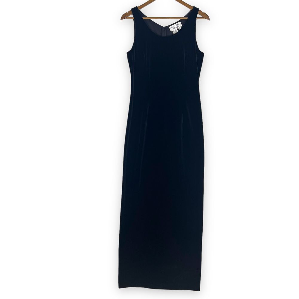 Vintage Y2K Black Velvet Scoop Neck Goth Vamp‎ Dark Romantic Maxi Sheath Dress 8